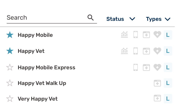 Screenshot of searching for a veterinary clinic within rhapsody